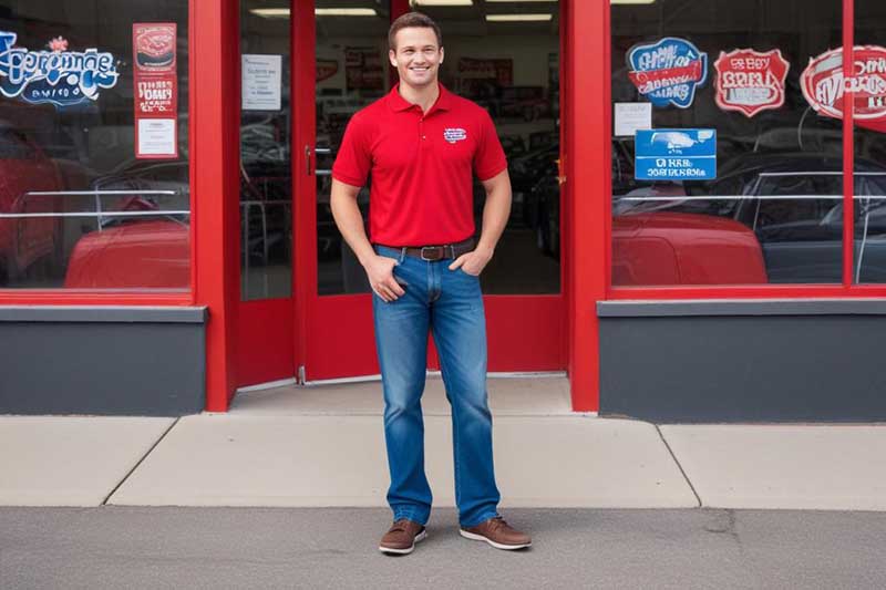 auto parts employee in a red polo logo shirt and blue jeans standing in front of a main street store with signs in the shop windows behind him